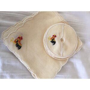 Vintage 1970s 12 Rooster Cocktail Napkins Glass Slippers Madeira Hand Embroidery